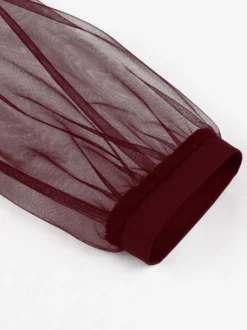 Robe midi vintage pour femme en tulle bordeaux manches longues transparentes col nœud coupe cintrée et évasée
