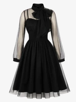 Robe midi vintage pour femme en tulle bordeaux manches longues transparentes col nœud coupe cintrée et évasée