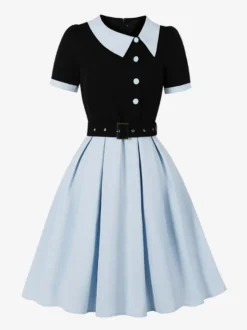 Robe midi vintage violette à col contrastant manches courtes et ceinture coupe trapèze