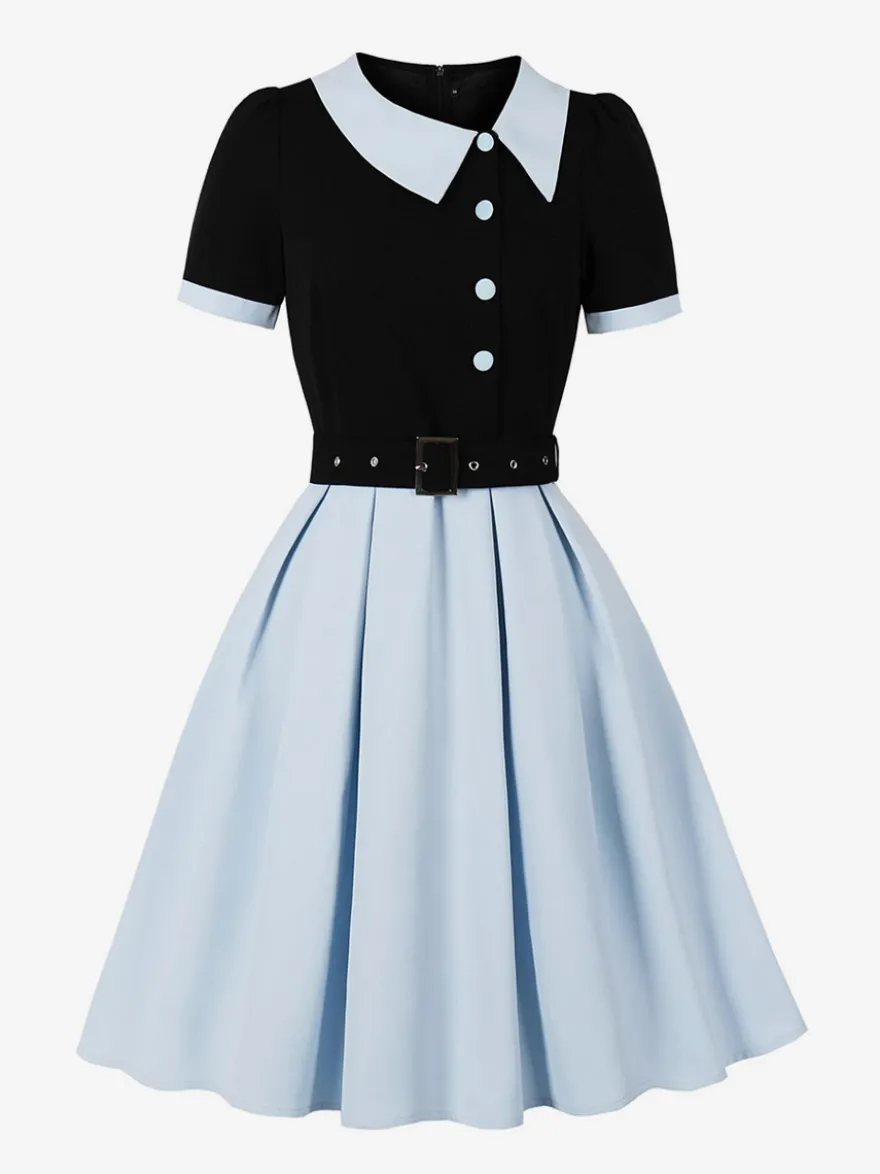 Robe midi vintage violette à col contrastant manches courtes et ceinture coupe trapèze
