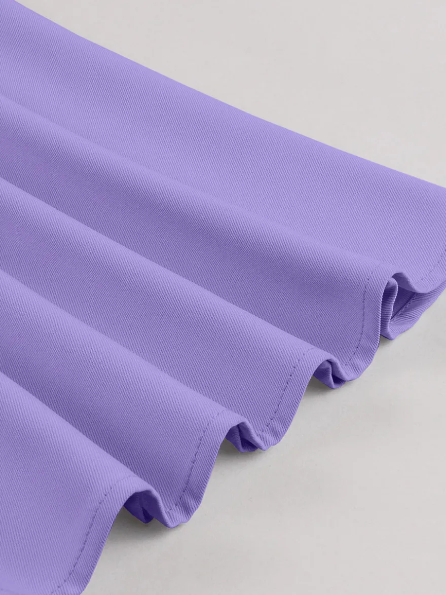 Robe midi vintage violette à col contrastant manches courtes et ceinture coupe trapèze