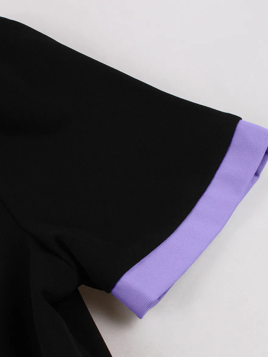 Robe midi vintage violette à col contrastant manches courtes et ceinture coupe trapèze