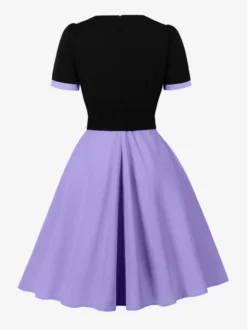 Robe midi vintage violette à col contrastant manches courtes et ceinture coupe trapèze