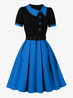 Robe midi vintage violette à col contrastant manches courtes et ceinture coupe trapèze