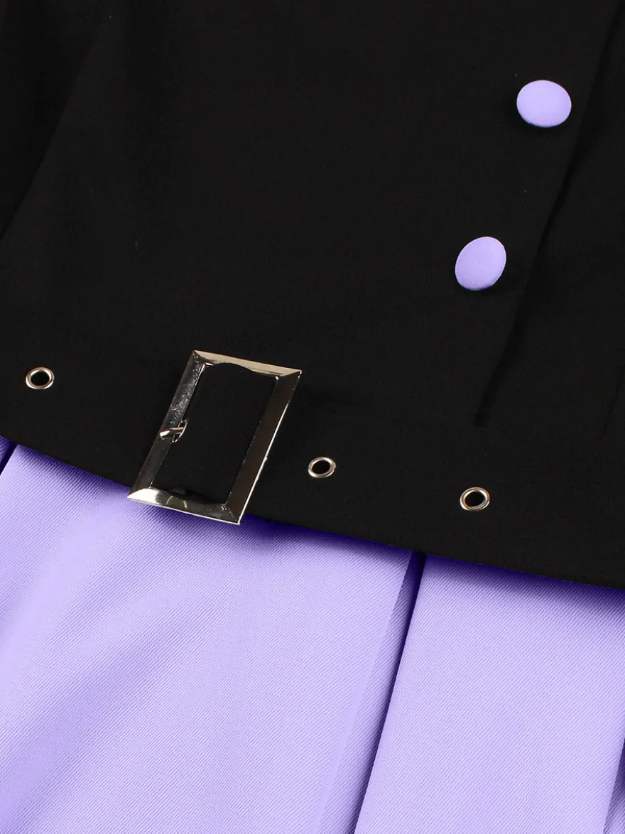 Robe midi vintage violette à col contrastant manches courtes et ceinture coupe trapèze