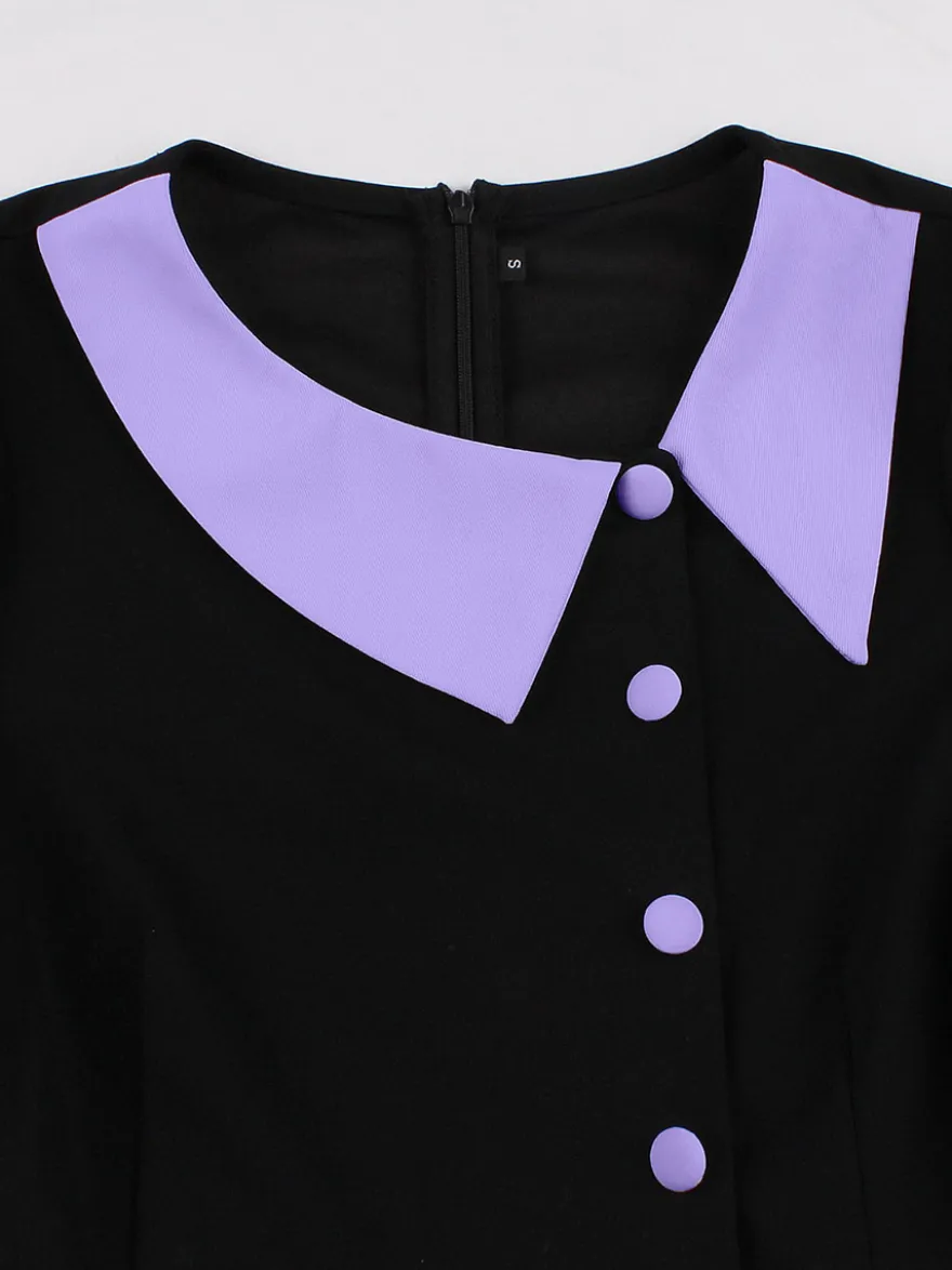 Robe midi vintage violette à col contrastant manches courtes et ceinture coupe trapèze