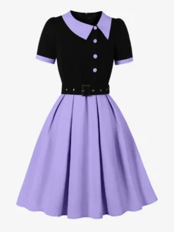 Robe midi vintage violette à col contrastant manches courtes et ceinture coupe trapèze
