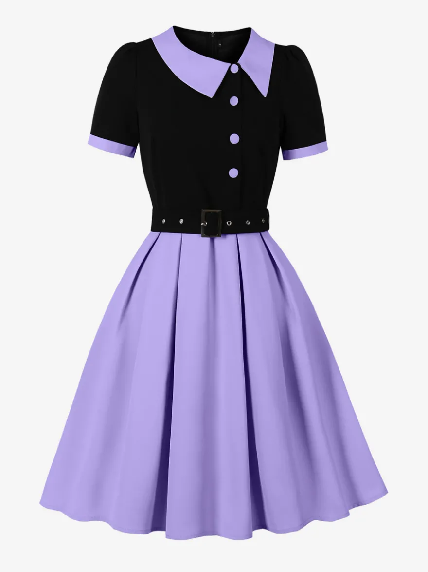 Robe midi vintage violette à col contrastant manches courtes et ceinture coupe trapèze
