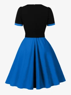 Robe midi vintage violette à col contrastant manches courtes et ceinture coupe trapèze