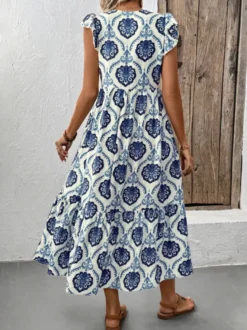 Robe midi à volants imprimée médaillons blancs et bleus pour femme col en V manches courtes à volants style décontracté d'été
