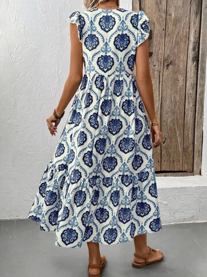 Robe midi à volants imprimée médaillons blancs et bleus pour femme col en V manches courtes à volants style décontracté d'été