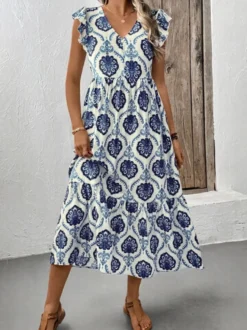 Robe midi à volants imprimée médaillons blancs et bleus pour femme col en V manches courtes à volants style décontracté d'été