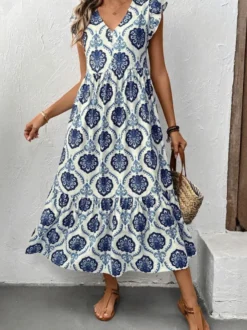 Robe midi à volants imprimée médaillons blancs et bleus pour femme col en V manches courtes à volants style décontracté d'été