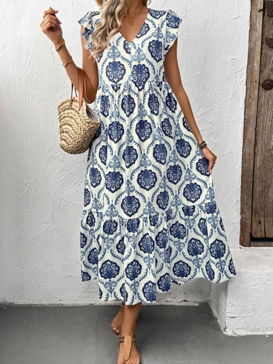Robe midi à volants imprimée médaillons blancs et bleus pour femme col en V manches courtes à volants style décontracté d'été