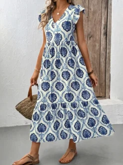 Robe midi à volants imprimée médaillons blancs et bleus pour femme col en V manches courtes à volants style décontracté d'été