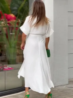 Robe Mi-longue Chemise Col Rabattu Plissé Manches Courtes Décontractée