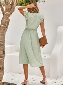 Robe Mi-longue Décontractée À Col En V Manches Courtes Robe Vert Sauge