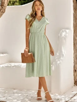 Robe Mi-longue Décontractée À Col En V Manches Courtes Robe Vert Sauge