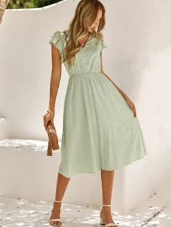 Robe Mi-longue Décontractée À Col En V Manches Courtes Robe Vert Sauge