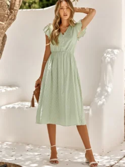 Robe Mi-longue Décontractée À Col En V Manches Courtes Robe Vert Sauge