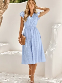 Robe Mi-longue Décontractée À Col En V Manches Courtes Robe Vert Sauge