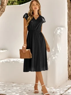 Robe Mi-longue Décontractée À Col En V Manches Courtes Robe Vert Sauge