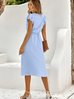 Robe Mi-longue Décontractée À Col En V Manches Courtes Robe Vert Sauge