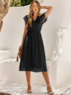 Robe Mi-longue Décontractée À Col En V Manches Courtes Robe Vert Sauge
