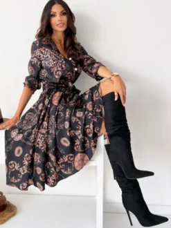Robe Mi-longue Décontractée À Imprimé Floral Manches Mi-Longues