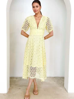 Robe mi-longue en dentelle à col en V et manches bouffantes pour femme (2026)