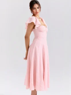 Robe mi-longue en jacquard floral rose pâle avec manches papillon coupe trapèze pour femme 2026