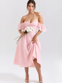 Robe mi-longue en jacquard floral rose pâle avec manches papillon coupe trapèze pour femme 2026