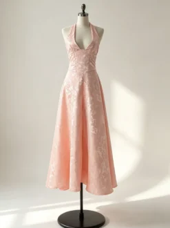 Robe mi-longue à fleurs rose pâle col licou coupe trapèze style vintage pour femme 2026
