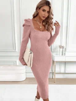 Robe mi-longue moulante en maille côtelée à col carré et manches bouffantes pour femme 2026