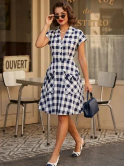 Robe mi-longue trapèze à manches courtes style Hepburn pour femme style vintage vichy 2026