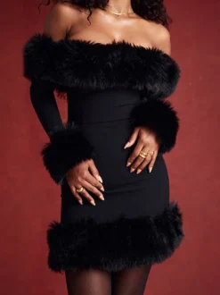 Robe mini à bordure en fausse fourrure à épaules dénudées robes de fête d'anniversaire sexy