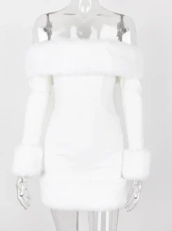 Robe mini à bordure en fausse fourrure à épaules dénudées robes de fête d'anniversaire sexy