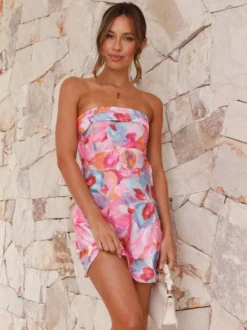 Robe mini bustier imprimée florale pour femme - Robe fourreau dos nu sexy - Idéale pour une fête d'été à la plage 2026