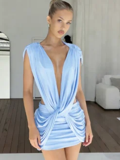 Robe mini décolletée à décolleté plongeant pour femme - Robe moulante sexy à découpes et fronces - Soirée club d'été 2026