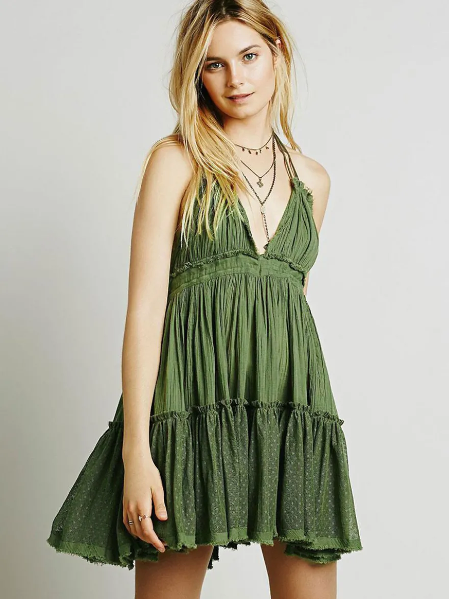 Robe mini dos nu à bretelles pour femme - Robe babydoll bohème texturée à volants et col en V avec lien au dos - Idéale pour une soirée d'été à la plage 2026