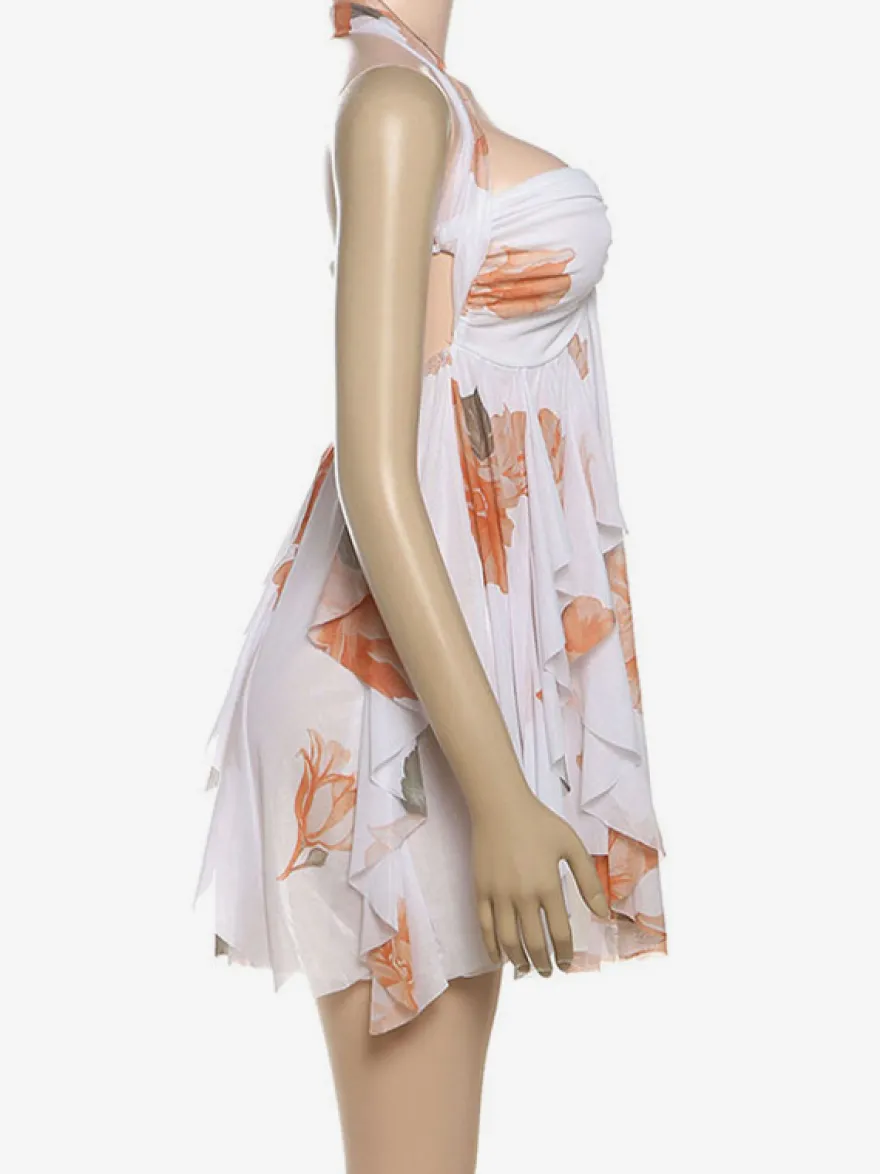 Robe mini dos nu à motif étoile de mer pour femme - Robe de soirée fluide en mousseline à volants et ourlet froncé Fairycore - Collection été plage 2026