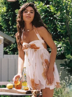 Robe mini dos nu à motif étoile de mer pour femme - Robe de soirée fluide en mousseline à volants et ourlet froncé Fairycore - Collection été plage 2026