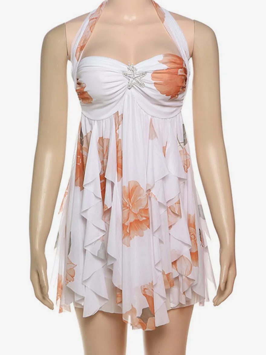 Robe mini dos nu à motif étoile de mer pour femme - Robe de soirée fluide en mousseline à volants et ourlet froncé Fairycore - Collection été plage 2026