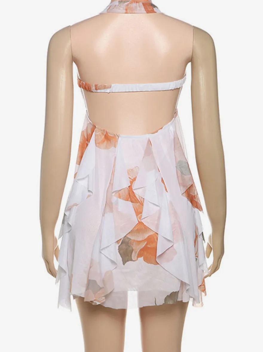 Robe mini dos nu à motif étoile de mer pour femme - Robe de soirée fluide en mousseline à volants et ourlet froncé Fairycore - Collection été plage 2026