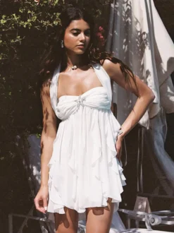 Robe mini dos nu à motif étoile de mer pour femme - Robe de soirée fluide en mousseline à volants et ourlet froncé Fairycore - Collection été plage 2026