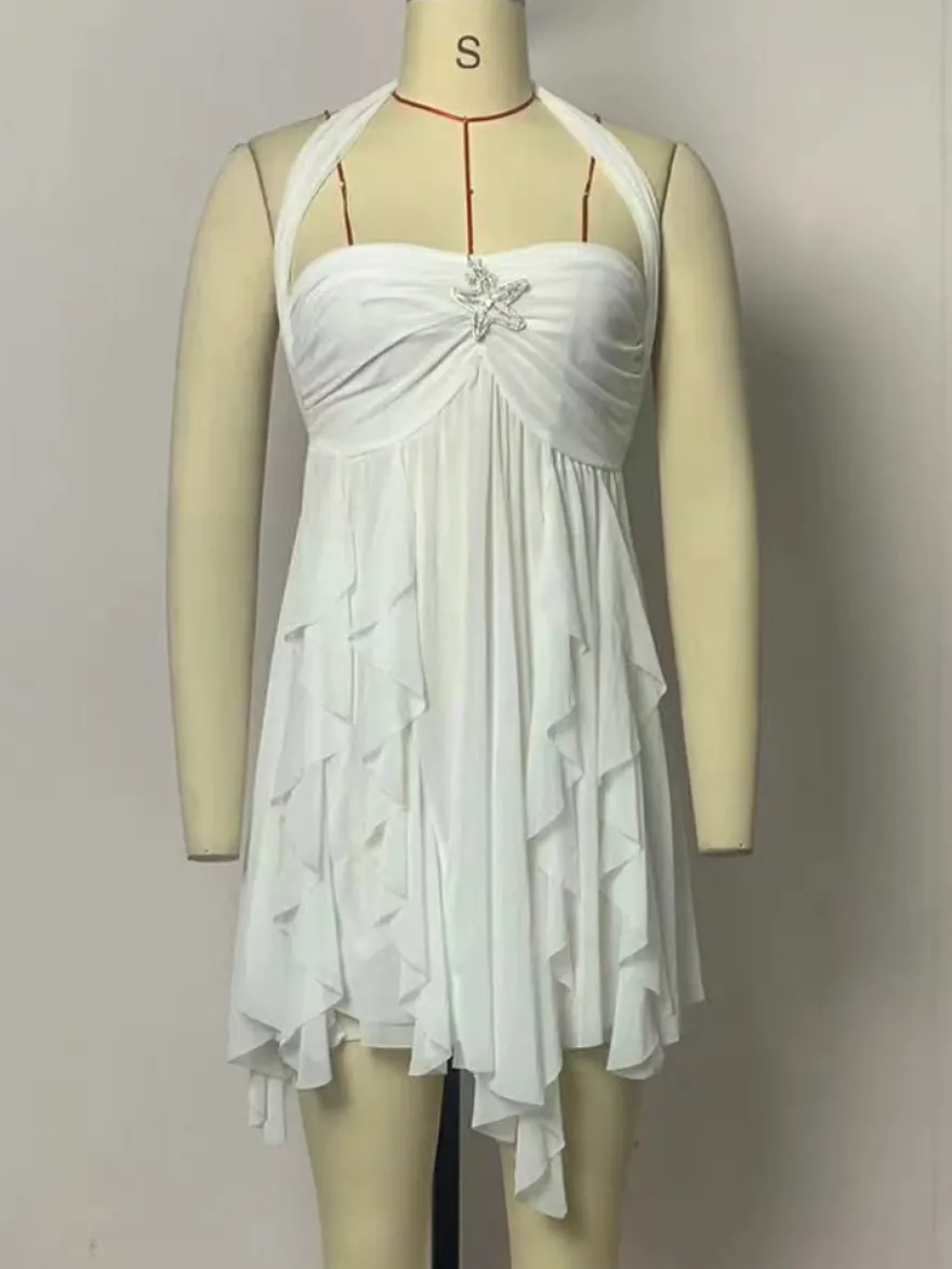 Robe mini dos nu à motif étoile de mer pour femme - Robe de soirée fluide en mousseline à volants et ourlet froncé Fairycore - Collection été plage 2026