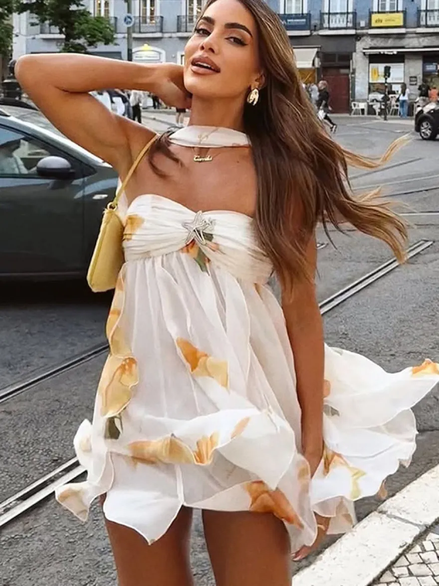 Robe mini dos nu à motif étoile de mer pour femme - Robe de soirée fluide en mousseline à volants et ourlet froncé Fairycore - Collection été plage 2026