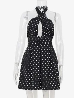 Robe mini dos nu à pois vintage pour femme - Robe d'été noire rétro à découpe en forme de goutte et col croisé - Idéale pour une soirée entre filles en 2026