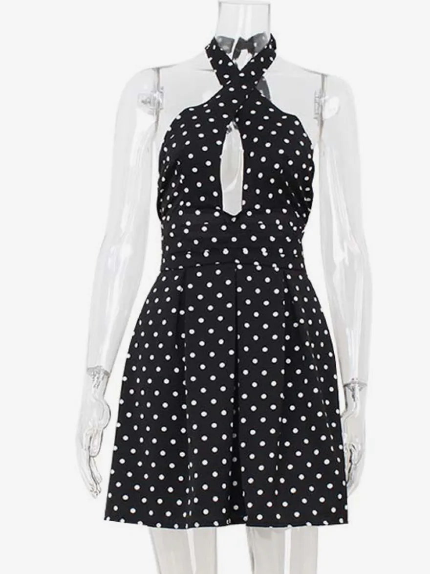 Robe mini dos nu à pois vintage pour femme - Robe d'été noire rétro à découpe en forme de goutte et col croisé - Idéale pour une soirée entre filles en 2026