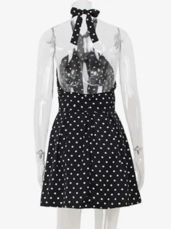 Robe mini dos nu à pois vintage pour femme - Robe d'été noire rétro à découpe en forme de goutte et col croisé - Idéale pour une soirée entre filles en 2026